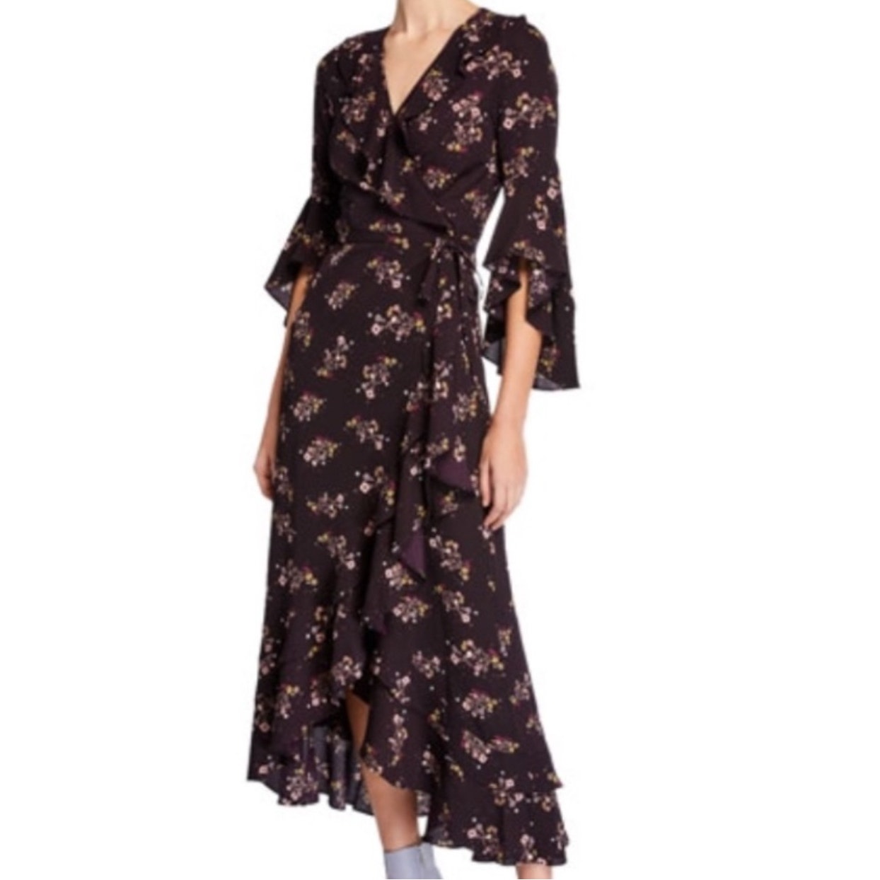 Max Studio Wrap Dress Maxi Floral Ruffle Bell Sleeve Star Purple Size Small